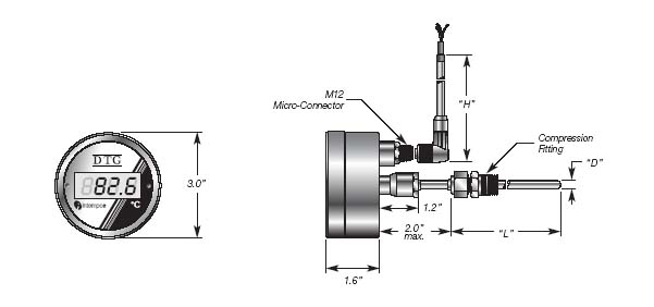 DTG07 Back Mount RTD sensor probe  Compression Fitting Details