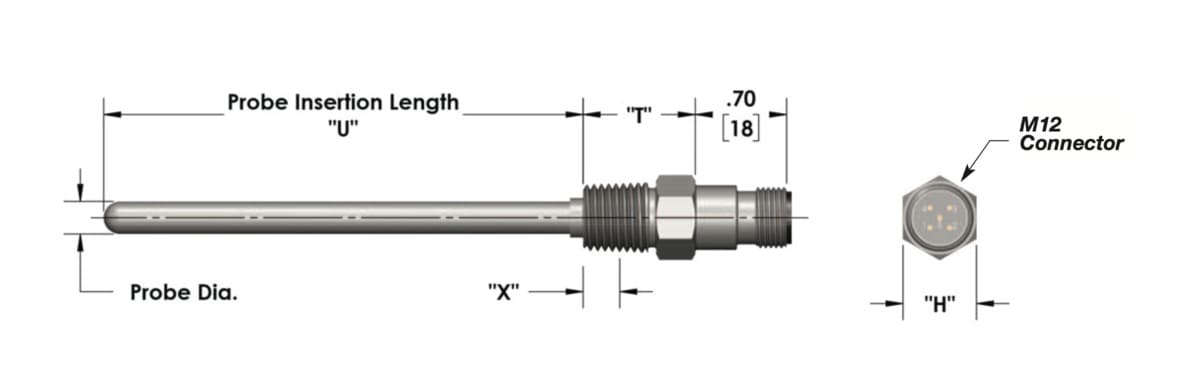 Model R26 Direct Immersion RTD with M12 Connector & Fixed Threaded Connection Details