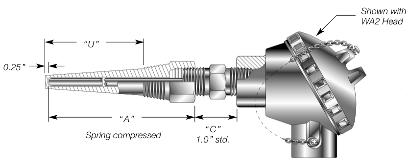 Spring Loaded RTD with Connection Head & Threaded Thermowell Details