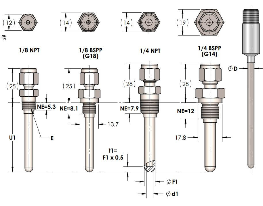 Miniature Thermowell With Integral Compression Fitting Details