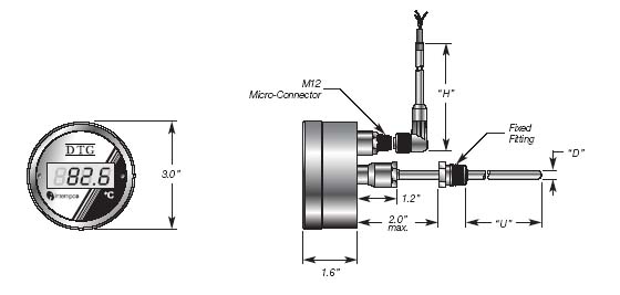 DTG08 Digital Temperature Gauge Back Mount Probe Welded Fitting Details
