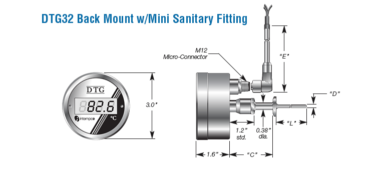 DTG32 Sanitary Probe Digital Temperature Gauge, Programmable 4-20mA Output Details