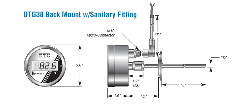 DTG38 Sanitary Digital Temperature Gauge, Programmable 4-20mA Output Details