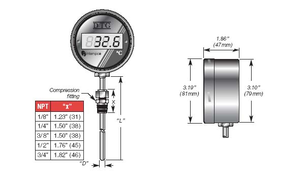 LCD Digital Temperature Gauge, Battery Powered,  RTD Sensor Probe, Compression Fitting Details