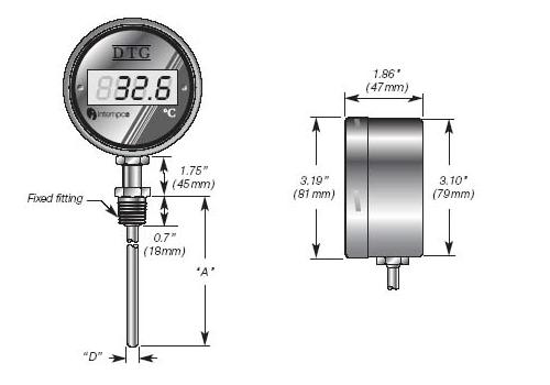 LCD Digital Temperature Indicator, Battery Powered, RTD Sensor Probe, Welded Fitting Details