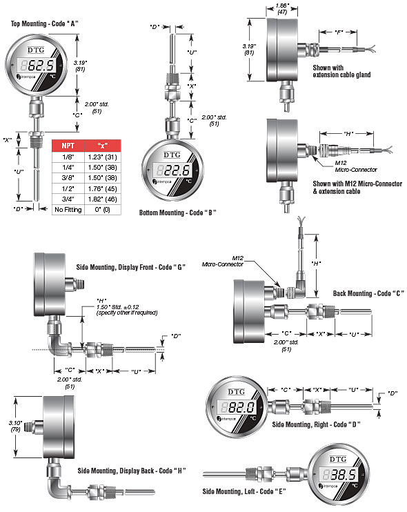  LCD Digital Temperature Indicator, Battery Powered, RTD Sensor Probe, Welded Fitting Details