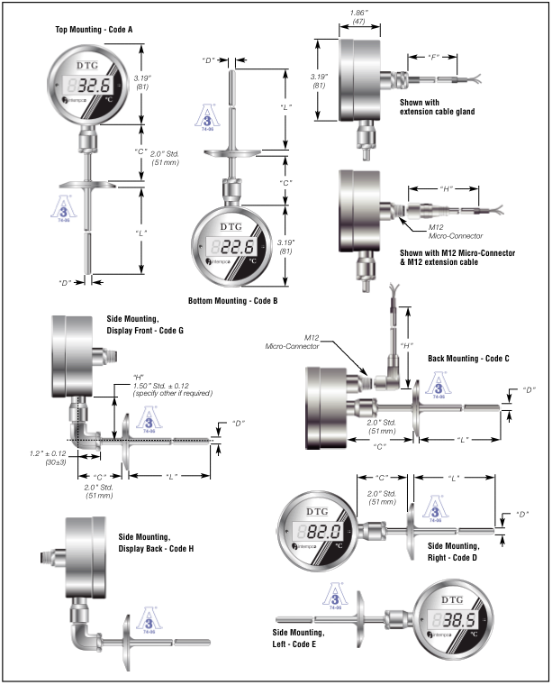 LCD Digital Temperature Indicator, Battery Powered,  RTD Sensor Probe, Sanitary Fitting Details