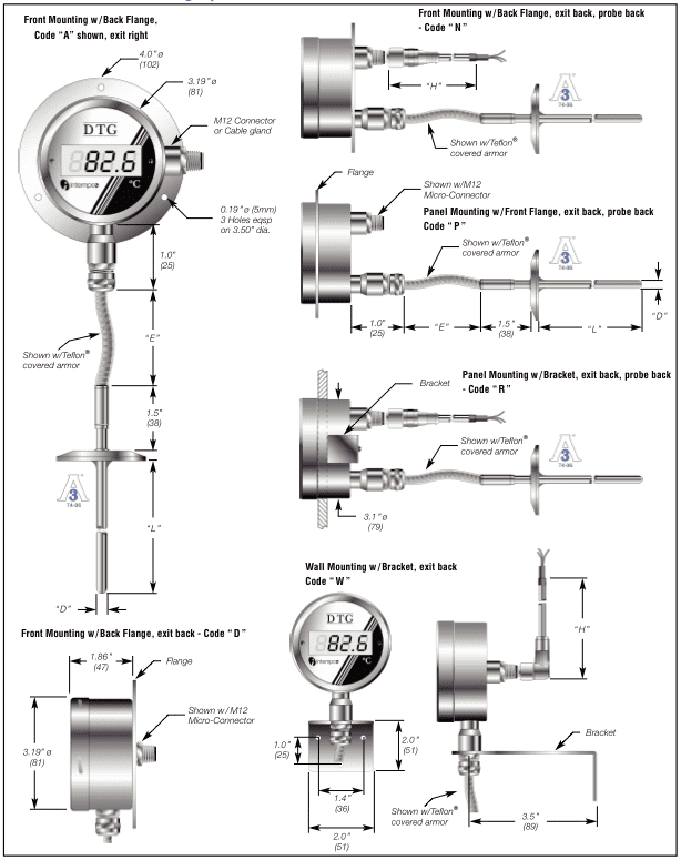 LCD Digital Temperature Indicator, Battery ,  RTD Remote Sensor Probe, Sanitary Fitting Details