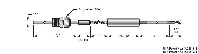 RTD Temperature probe Transmitter w/Remote Probe, Adjustable Fitting with Cable Details