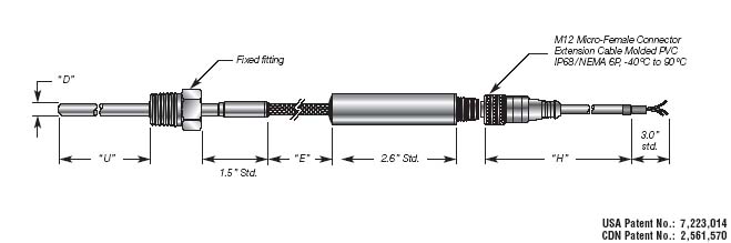 RTD Temperature probe Transmitter w/ Remote Probe, Threaded mount, M12 Connector Details