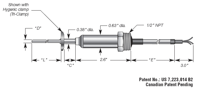 Mini Sanitary Temperature Sensor w/ Extension Cable & Conduit Fitting Details