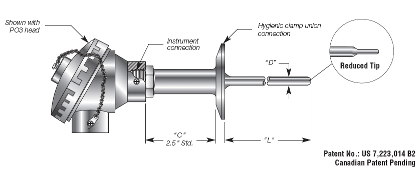 Sanitary Temperature Sensor w/ 4-20mA Output & Connection Head Details