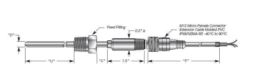 Direct Immersion RTD w/Micro Connector & Welded Process Threaded Hex Fitting Details