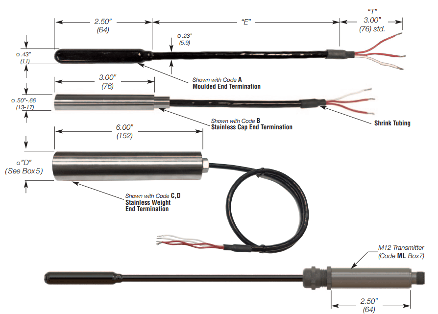 Submersible Temperature Transmitter and Sensor with Polyurethane Kevlar Reinforced Cable Details