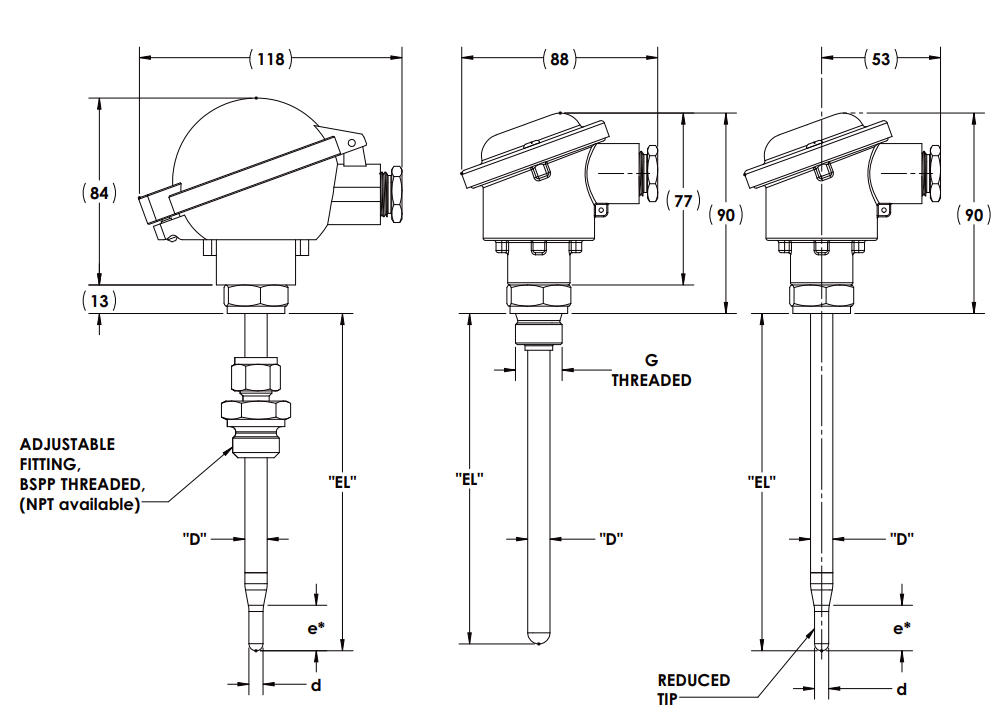 R510 RTD Assembly with Connection Head Form B and Form BUZ for standard applications Details