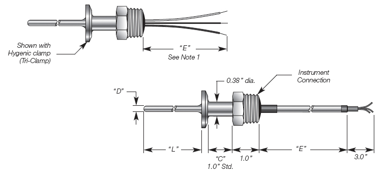 Mini Sanitary RTD w/ Extension Cable and Instrument Fitting Details